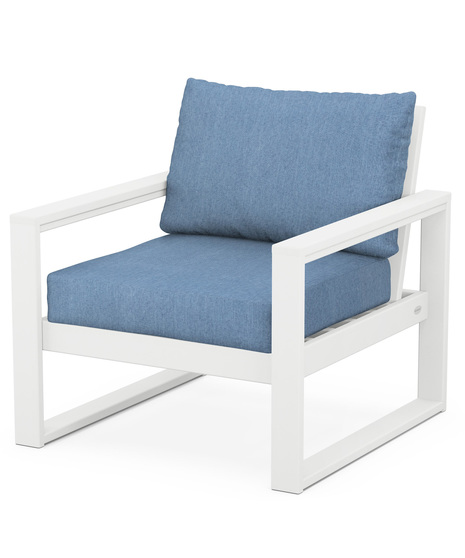 With sleek, angular lines, this modern deep seating chair features a plush pillow-back cushion as well as a supportive seat cushion covered in high-performance outdoor fabric.