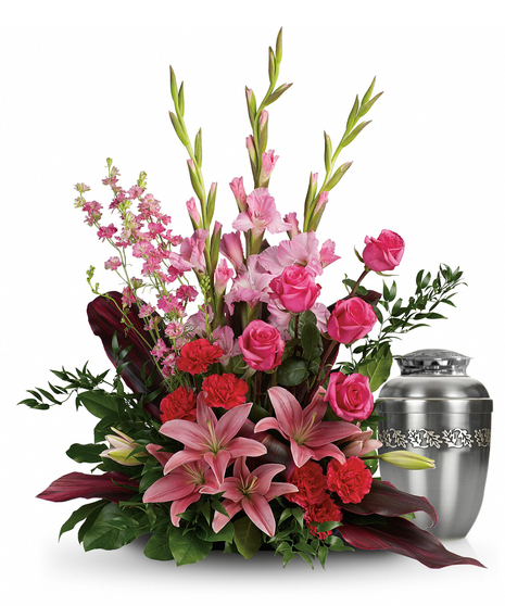 Share your heartfelt feelings on the loss of someone special with this feminine arrangement of pink roses, lilies and gladioli. 