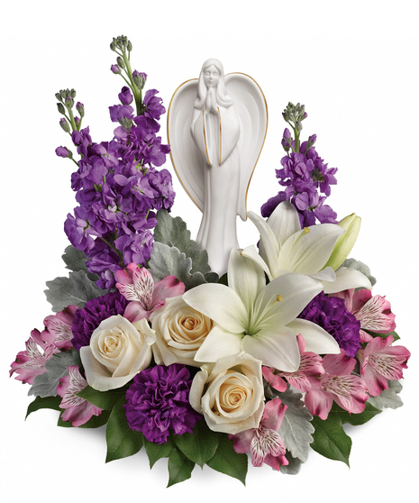 This beautiful arrangement includes crème roses, white asiatic lilies, lavender alstroemeria, purple carnations, lavender stock, dusty miller and lemon leaf