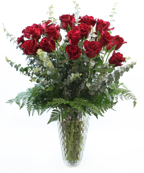 Two Dozen Roses in Crystal Vase